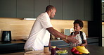 Education, father and greeting child in home for learning support, back to school or getting ready to leave. Black family, man or handshake in kitchen for bonding together, relationship or motivation