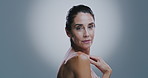 Skincare, antiaging and face of mature woman in studio with beauty, hydration and collagen treatment. Health, natural and portrait of female person with facial dermatology routine by gray background.