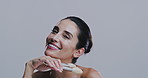 Makeup, brushes and face of mature woman on gray background for wellness, skincare and beauty. Cosmetology, salon and portrait of person with tools for cosmetics, facial and spa products in studio