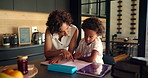 Homework, help and mom with child with tablet in home for lesson, online learning and teaching. Family, education and mother with kid with notebook writing for assessment, studying and development