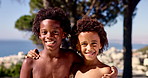 Holiday, face and wet children outdoor with bonding, vacation break and swimming together. African people, brothers and embrace in nature for weekend fun, relationship and support on summer adventure