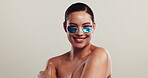Studio, woman and face with eye patch for skincare, dermatology or facial product for dark circles. Mockup, female person and beauty in portrait for antiaging treatment, cosmetics or white background