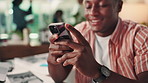 Hands, phone and black man in office with swipe online for stock market research with dividend yield. Cellphone, typing and financial trader reading on website for investment revenue or profit growth