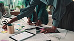 Tablet, business women and sticky notes for research, event planning and budget management. Proposal documents, project coordinator and graphs for finance report, company occasion or campaign