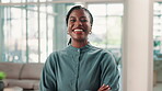 Businesswoman, face and laughing with arms crossed in office for finance internship, corporate joke and pride. Financial advisor, black person and happy with job opportunity, about us and confidence