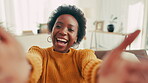 Face, smile and video call with excited black woman in living room of home for new house tour. Energy, social media and streaming with happy homeowner person in apartment for virtual viewing