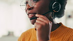 Black woman, mouth and headset with mic for online consulting, advice or remote assistance at home. Closeup, female person or consultant agent talking with help for virtual support or communication