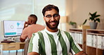 Happy, confident and face of man in office with new job for software development career. Pride, portrait and male frontend developer with online UX design for interface prototype in workplace.