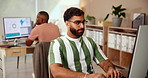 Planning, typing and man in office with computer for data analysis, growth or development. Research trends, web analyst or consultant in coworking space with ideas for online business intelligence