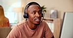 Office, businessman and headset with computer for consultant, customer information and telemarketing. Call center, digital and sales representative with mic for client feedback, research and talking