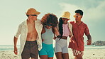 Happy, friends and hug for walking on beach for travel reunion, social gathering and morning journey. Smile, people and embrace with discussion for summer vacation, ocean getaway and bonding together