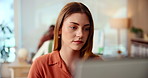 Planning, research and woman in office with computer for data analysis, growth or development. Administration, web analyst or consultant in coworking space with ideas for online business intelligence