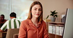 Smile, admin and face of woman in office with computer for data analysis, growth or development. Research, web analyst or consultant in coworking space with confidence for online business management