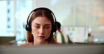 Call center, businesswoman and research with computer for agent, customer information and telemarketing. Office, digital and sales representative with headset for client report, reading review or faq