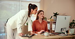 Women, computer and talking in office for help, advice and mentorship in business. Accountant, intern and tech in agency for feedback, problem solving and training with assistance in coworking space