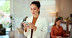 Phone, typing and businesswoman in office with email for startup company loan approval online. Happy, cellphone and female CEO with notification for finance report with revenue and profit margin.