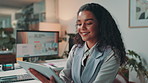 Tablet, research and business woman in office for marketing solution, campaign or brand image. Digital technology, online and happy worker check schedule, scroll email or typing ad review for project
