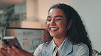 Business, funny and woman in office, smartphone and social media with humor, joke and meme. Person, employee and financial advisor with cellphone, accounting and mobile app for texting and connection
