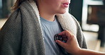Hands, stethoscope and child in home, sick and doctor with check for breathing, lungs and listen for wellness. Kid, healthcare and medical tools for assessment, inspection and  help at family house