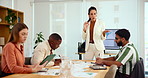 Business documents, people and presentation with data analysis for content management or SEO strategies. Digital marketing, manager or tech for ROI metrics, brand awareness or social media monitoring