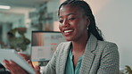 Business, tablet and happy black woman in office for insurance sales, financial cover and risk management. Technology, research and person reading email, policy review or working on claims assistance