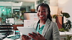 Face, smile and tablet with black woman in office for article editing, journalism or publishing. Information, planning and research with happy agency employee in workplace for editing or publishing
