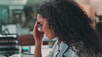 Burnout, thinking and woman with headache, office and anxiety for deadline of project and creative. Overworked, copywriter and stress for person with migraine, frustrated and overwhelmed by work