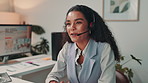 Woman, video call and talking with headset in office for virtual meeting, online consultation and client query. Night, wave and financial advisor with investment advice, customer service and webinar