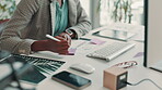 Hands, business and woman writing notes for information, banking checklist and corporate agenda. Accountant, paperwork and computer with reminder of budget planning, financial schedule for investment