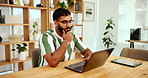 Creative, thinking and man at laptop in office for sustainable business, growth or development. Research, planning or consultant at desk with ideas for online account management at web design startup