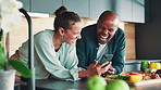 Laugh, man and woman with phone for cooking, funny tutorial and meal prep research for breakfast. Happy, smartphone and couple on mobile app together for online recipe, food and social media post
