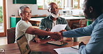 Handshake, sign or financial advisor with old couple in home for planning, retirement fund or consulting. Deal, paperwork approval or senior people shaking hands for compliance or mortgage agreement