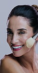 Makeup brush, happy and face of mature woman in studio on gray background for wellness, skincare or beauty. Cosmetology, application and portrait of person with tools for cosmetics, powder or product
