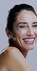 Studio, smile or face of woman for skincare, beauty treatment or benefits of collagen for model. Satisfaction, mature female or portrait with confidence for cosmetics, dermatology or white background