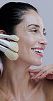 Studio, smile and woman with brushes for makeup, beauty treatment and benefits for model. Satisfaction, mature female and happiness with confidence for cosmetics, transformation and white background