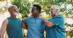 Personal trainer, hug and friends with old people in park for mobility training, health and workout team. Laugh, support and fitness coach with men in nature for low impact exercise and wellness