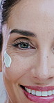Skincare, cream and face of mature woman for beauty, wellness and facial care on white background. Dermatology, happy and portrait of person for anti aging, collagen and cosmetics products in studio