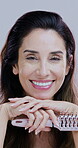 Smile, face and woman with brush for haircare for growth benefits, healthy maintenance and grooming routine. Mature person, cosmetic product or styling for treatment results, pride and shampoo shine