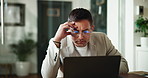 Businessman, financial advisor and thinking with laptop, audit and budget for customer portfolio or policy. Person, accountant or agent with technology for consultation advice or assistance review