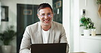 Face, business and man in office, laptop and smile with planning for project, internet and research. Portrait, happy employee or consultant in workplace, public relations and computer with connection