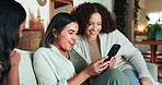 Friends, phone and surprise with women on sofa for social media post, share memory and connection. Streaming, show and support with people in living room at home for search, gossip and  online news