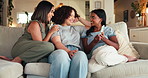 Friends, phone and laughing with women on sofa for social media post, share memory and connection. Streaming, show and support with people in living room at home for search, gossip and online news