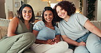 Face, friends and women on sofa for bonding, connection and chilling together on weekend at home. House, happy people and portrait on couch for conversation, relax and visit for catching up in lounge