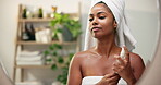 Woman, body care and perfume with mirror, reflection and grooming for morning routine in bathroom. Person, aesthetic or serum spray for natural beauty, skin hygiene or cleaning treatment in home