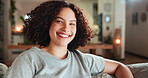 Laugh, thinking and face of woman on sofa for comfortable, self care and morning. Peace, happiness and vision with person on couch in living room at home for inspiration, rest and mental health