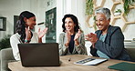 Business women, meeting and team applause with manager for success, achievement or milestone on laptop in office. Group, clap and celebration with excited leader for growth, well done or performance