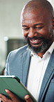 Black man, tablet or thinking in office for business, reading review or economy research for investment growth. Mature professional, tech or happy in agency for good news, email contact or networking