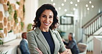 Happy, confidence and face of businesswoman in meeting for leadership, planning or growth. Woman, project director or development consultant in office with arms crossed, business people or management