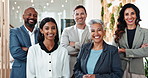 Smile, confidence and face of business people in office for teamwork, planning or support in growth. Happy group, men and women with arms crossed, project management and collaboration with diversity