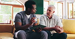 Nurse, senior man and prescription with tablet on sofa for healthcare, communication or consultation it home. Caregiver, advice and pills for elderly person with help, support and medical results